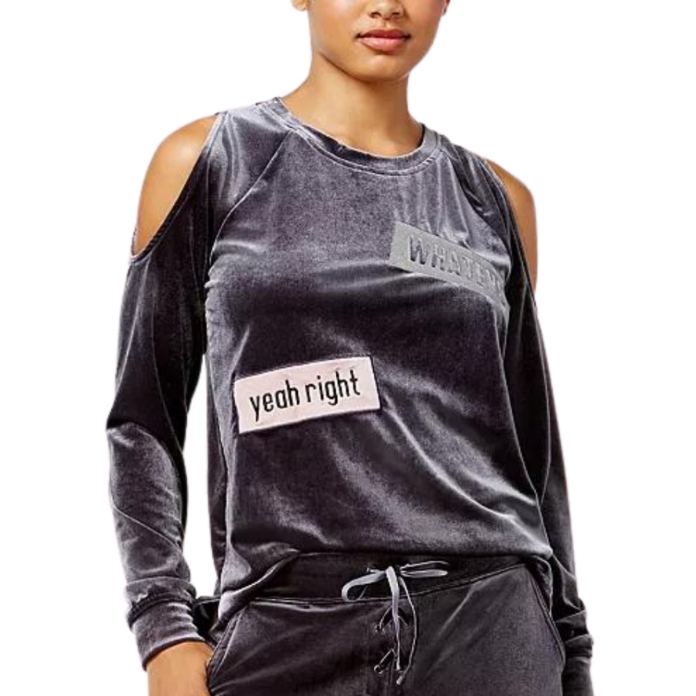 MATERIAL GIRL Velvet Gray Active Patch Cold Shoulder Long Sleeve Top Small NWT